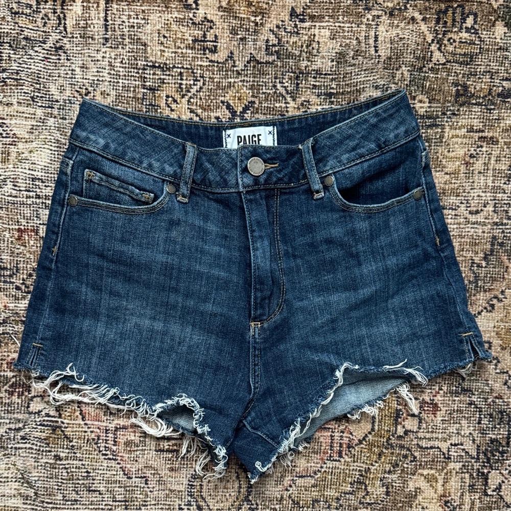 PAIGE Dark Blue Distressed High-Rise Denim Shorts